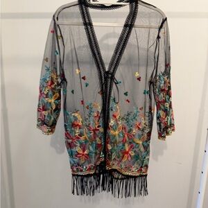 Embroidered Floral Swim Coverup with Fringe